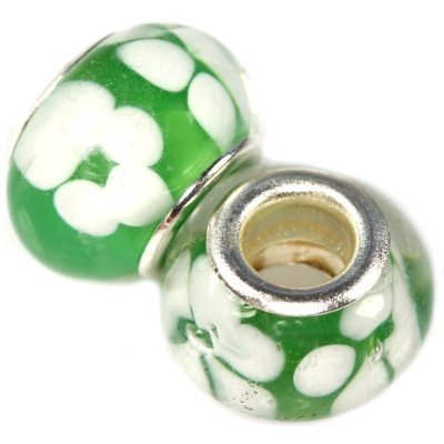 Grøn glas charm med hvide blomster